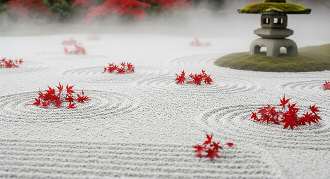 Find serenity in this calming Zen garden with vibrant maple leaves and a traditional stone lantern, perfect for mindful reflection and peaceful contemplation