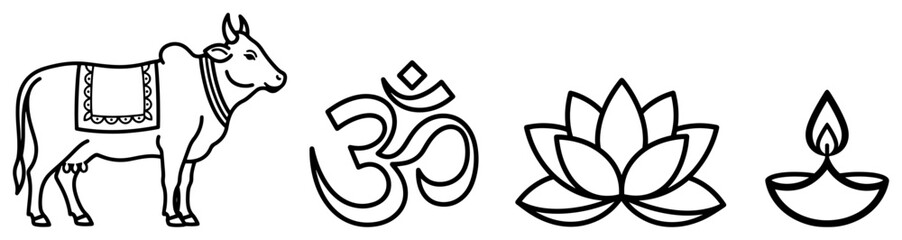 Hindu Symbols Outline Set Sacred Cow Om Lotus Diya Minimal Vector Illustration