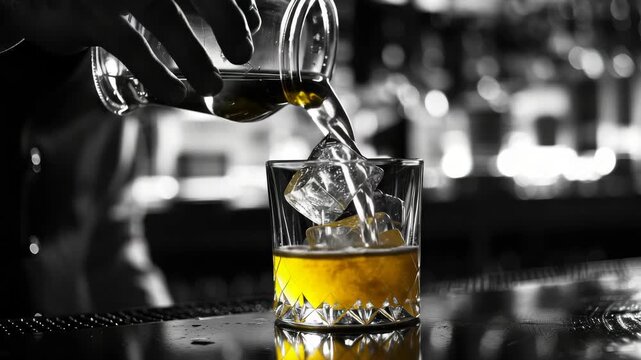 A bartender pouring a drink into a glass with ice.