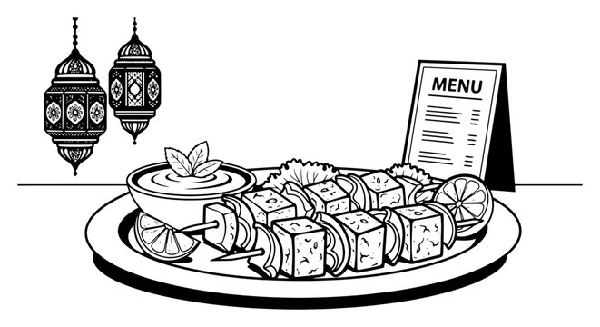 black and white food plate with menu clip art preview