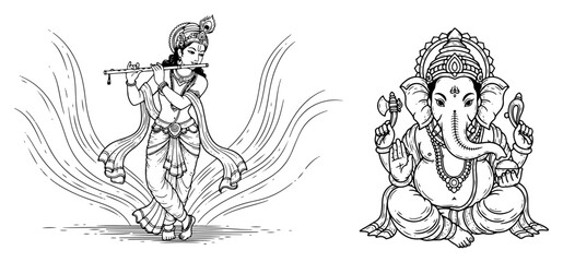 Hindu Gods Krishna and Ganesha Hand Drawn Sketch. Detailed Vector Line Art Illustrations