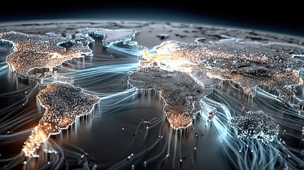 Global digital network connection across world map with data flow lines, generative ai