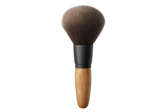 Makeup brush with fluffy brown bristles and a light wooden handle, creating a versatile beauty tool on a transparent background