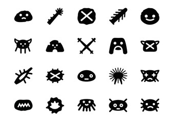 Fototapeta premium Set of hand-drawn monster and alien creature icons in a primitive style. Simple black glyphs and abstract emoticons for design projects. Vector graphic collection 2j (493)