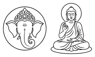 Ganesha Emblem And Seated Buddha Meditating Outline Sacred Icon Vector Set