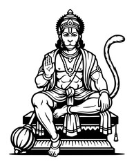 Seated Lord Hanuman in Blessing Pose. Hindu Monkey God with Mace Gada Vector for Tattoo Design.