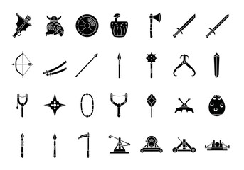 Naklejka premium A comprehensive set of vector glyph icons depicting ancient and medieval weapons. Includes silhouettes of swords, axes, catapults, and ninja tools