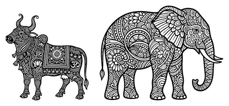 Ornate Indian Elephant and Nandi Bull Vector. Decorative Zentangle Pattern Animal Illustrations