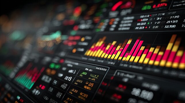 Colorful stock market dashboard with financial data and graphs, generative ai