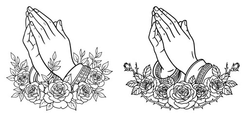 Praying Hands with Roses Outline Vector Illustration. Namaste Gesture with Floral Wreath