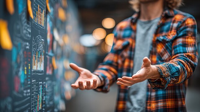 Creative professional presenting data charts on brainstorming board, generative ai