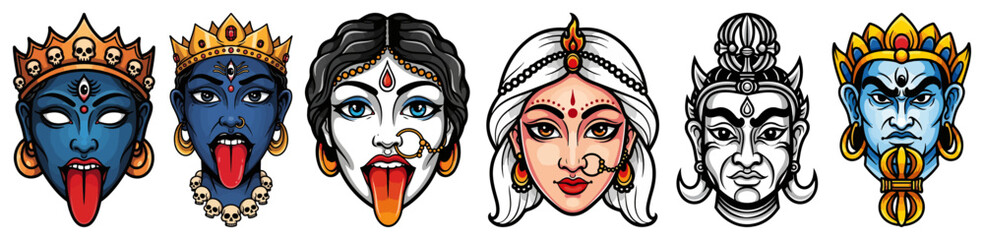 Hindu Deity Faces Icon Set Kali Durga Shiva Parvati Colorful Vector Stickers