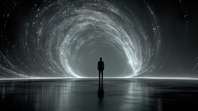 Silhouette of person standing before glowing vortex of light and stars, generative ai
