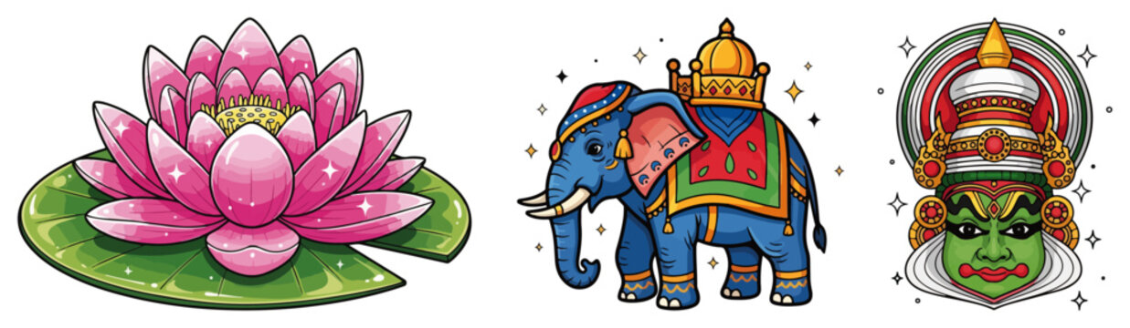 Lotus Flower Elephant And Kathakali Face Colorful Indian Sticker Vector Set