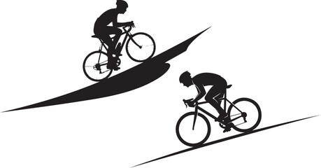 Cyclists on uphill and downhill slopes – bold silhouette icon of motion, challenge, and momentum