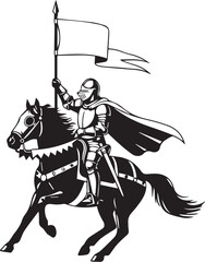 Knight on armored horse with lance and banner – bold medieval silhouette icon on white background