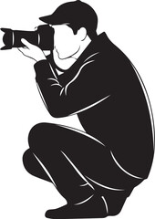 "Photographer in Action Silhouette | Black Vector of Crouching Camera Operator with Cap & DSLR"