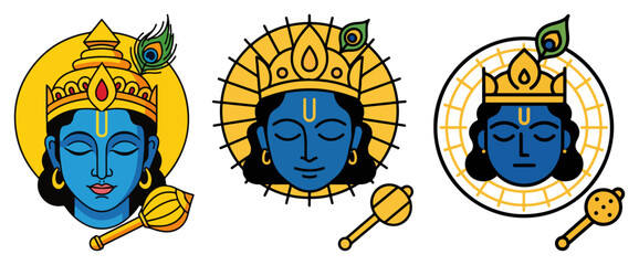 Lord Krishna Face Badge Icons With Peacock Feather And Flute Colorful Vector Set