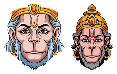 Hanuman Monkey God Face Mascot Set Sacred Bajrangbali Portraits Colorful Vector Illustration