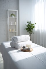 Beautiful spa elements on the massage table in the wellness center. Massage on light wooden background. blur living room, natural creams and moisturizing Healthy lifestyle