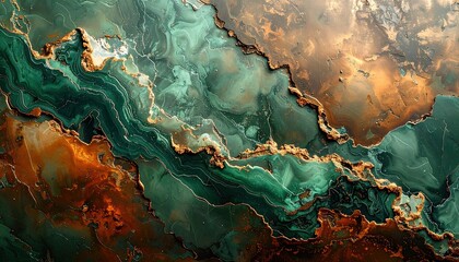 Abstract Fluid Art with Swirling Emerald Green and Golden Hues.
