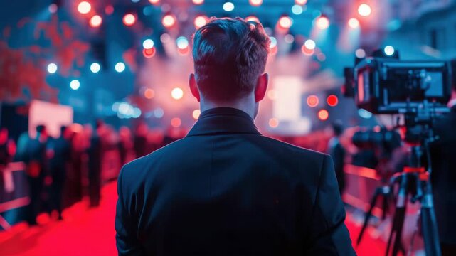 Back view of man in a suit standing on red carpeted stage with bright spotlights in the background.