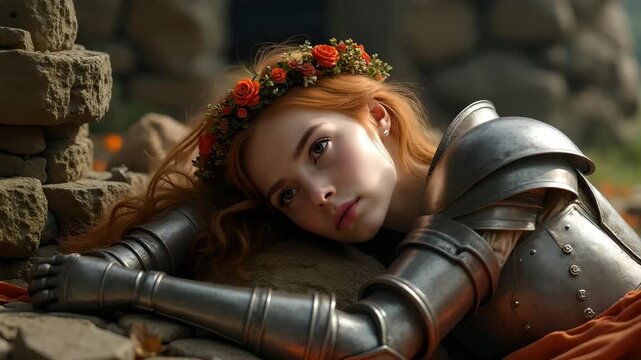 Knight with floral wreath resting on gauntlet