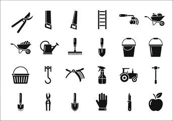 A comprehensive collection of monochrome gardening and farming tool icons. Simple solid vector silhouettes of agricultural equipment