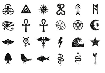 A diverse set of ancient esoteric and spiritual symbols. Vector collection of black icons including mythological, pagan, and occult signs 2j 632