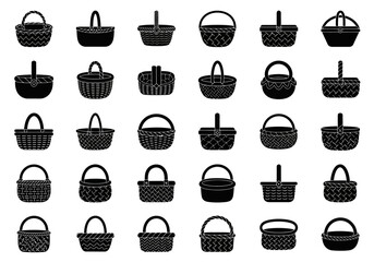 A diverse collection of black basket icons in a simple glyph style. Vector illustration set of various wicker containers for shopping, picnics, and Easter