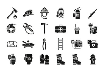 Fire department and emergency response vector icon collection. Glyph set of firefighter tools, safety equipment, and professional rescue gear symbols