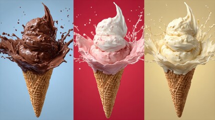set of Chocolate, vanilla and strawberry splash of Ice cream cone flavor with clipping path, 3d, dessert, sweet, food, ice cream, delicious, gen by AI