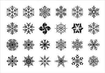 A vector set of twenty-four detailed black snowflake icons. Isolated symmetrical crystal shapes for Christmas and winter holiday decorations