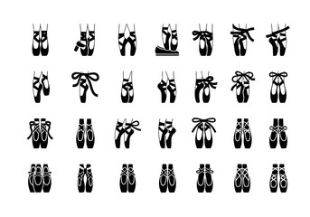 A comprehensive set of black glyph icons depicting ballet pointe shoes from multiple angles and lacing styles. Vector art collection 2j (702) © John