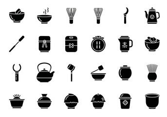 A set of monochrome icons representing the tools and equipment used in a traditional Japanese matcha tea ceremony