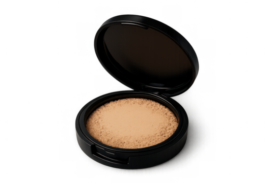 Makeup compact with face powder open, essential cosmetic product for beauty and skin perfecting on transparent background