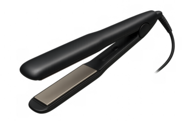 Black hair straightener for professional styling, featuring ceramic plates and cord, isolated on transparent background