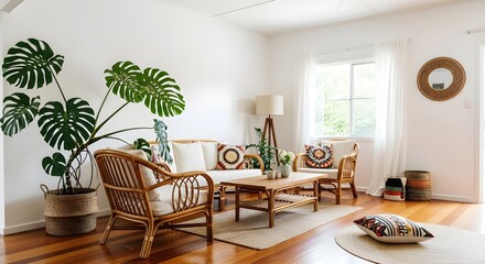 Fototapeta premium This is a bright and airy living room with a Bohemian or tropical/coastal aesthetic