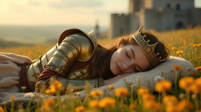 Sleeping queen in armor near castle gate