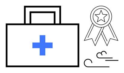 First aid kit with blue cross, star award ribbon, abstract air lines. Ideal for healthcare, emergency services, quality assurance, safety standards, medical training, certifications simple flat