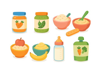 Variety of baby food products in cute cartoon style