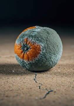 Extreme close up of a single, rotting orange covered in thick blue and green mold, abandoned on a dry, cracked concrete floor, conveying serious decay ,cracked ,fungus ,texture