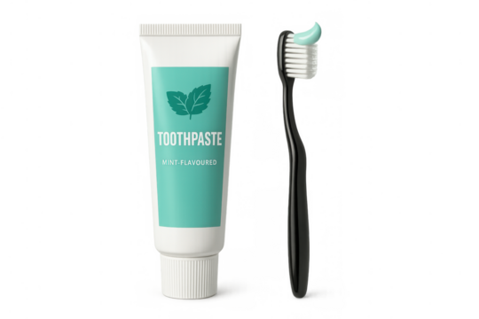 Oral care products for dental hygiene, featuring mint-flavored toothpaste and toothbrush, transparent background