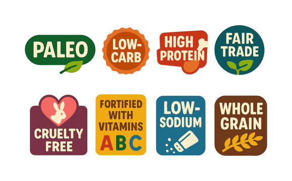 Colorful badge designs for food packaging labels with health claims and attributes