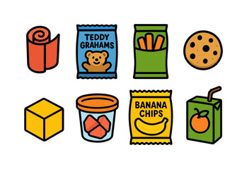 Colorful doodle icons of snacks and drinks for kids