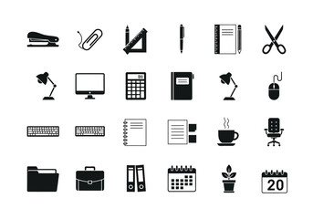 A simple collection of black glyph icons representing common office supplies, business equipment, and stationery items for workplace concepts