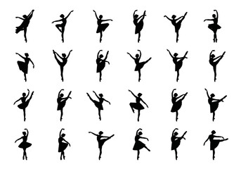 Collection of graceful ballerina silhouettes in various classic ballet dance poses. Set of female dancer vector icons for design elements