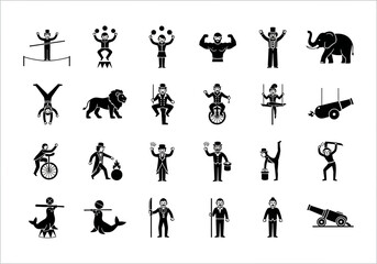 Circus and carnival entertainment solid glyph icons set, featuring classic acts, performers, and animal symbols