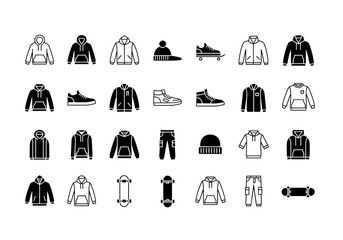 Streetwear fashion and urban lifestyle black solid glyph icons featuring hoodies, sneakers, and skateboards for modern graphic design
