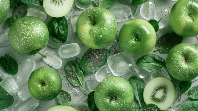 Fresh green apples, kiwi slices, spinach leaves, and ice cubes, top view composition symbolizing healthy eating, natural refreshment, vitamins, diet, and clean lifestyle concept - Powered by Adobe
